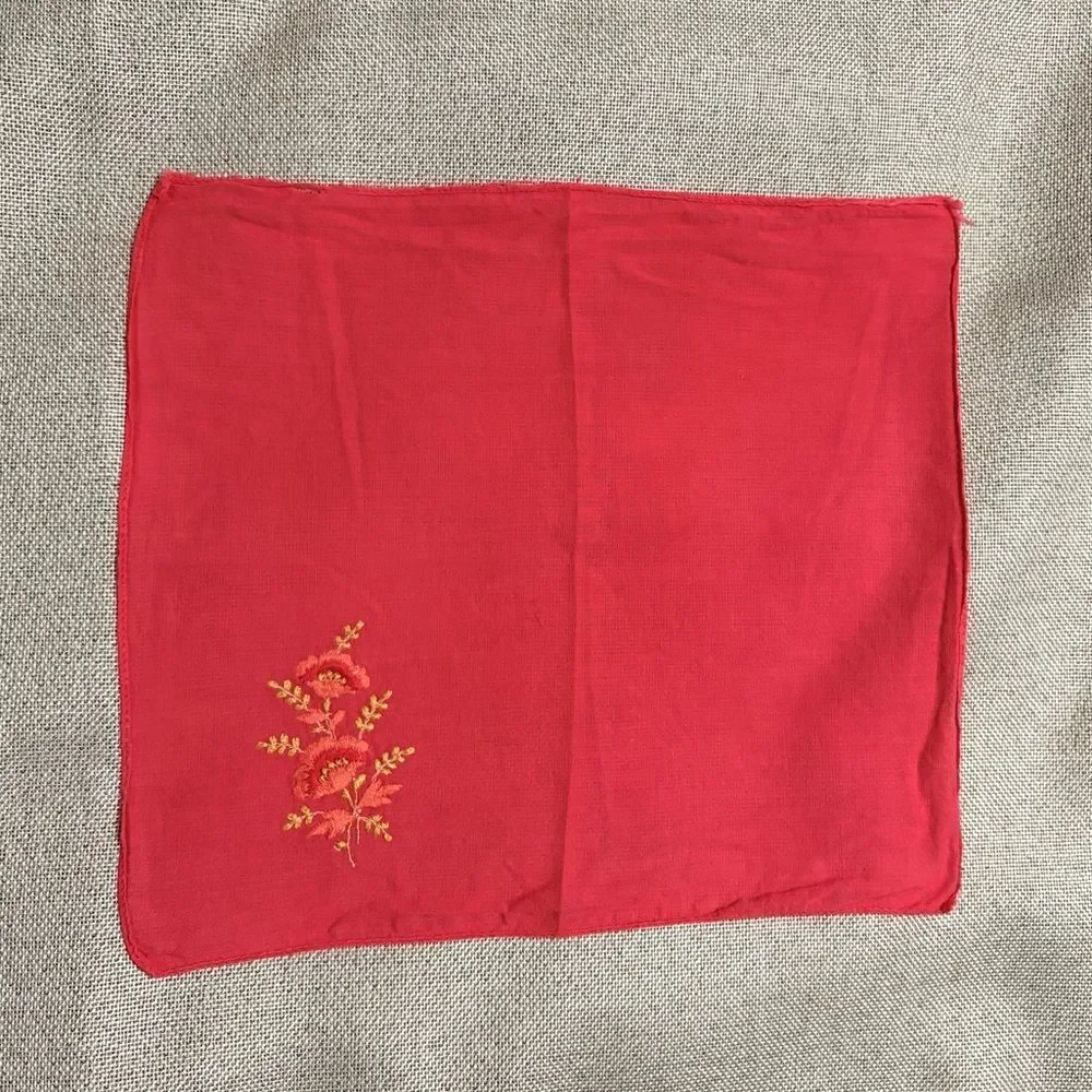 Vintage Red Embroidered Handkerchief Floral Cotton Cotton Hankie